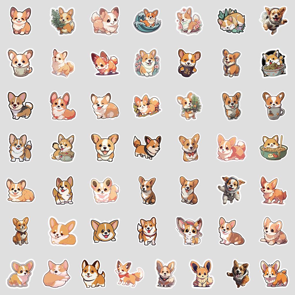 50 Pieces of Cartoon Corgi Dog Graffiti Stickers, Creative DIY Stationery Stickers, Waterproof Decorative Stickers for Mobile Phones and Computers