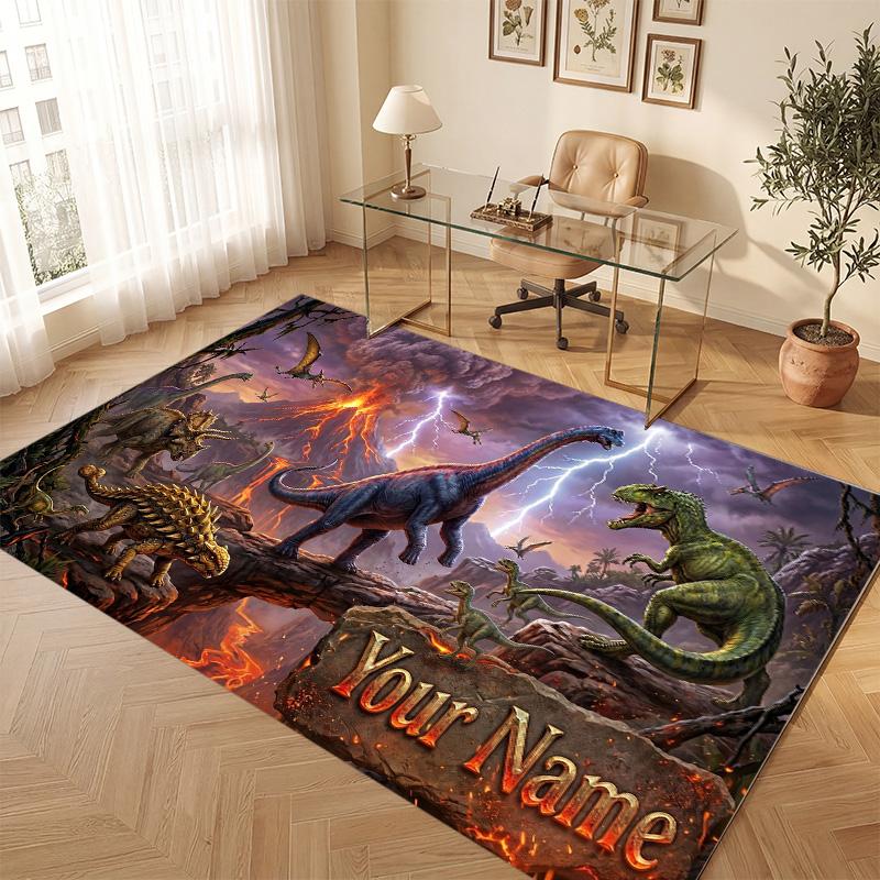 Dinosaur Theme Soft Crystal Velvet Rug Custom Name & Text Print Non Slip Floor Rug for Bedroom Living Room