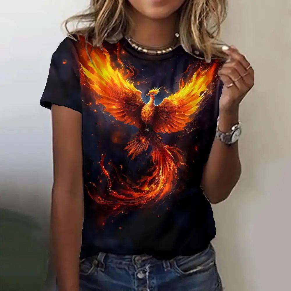 

Летняя женская футболка с модным узором «Феникс», топ с короткими рукавами, свободный топ с круглым вырезом, женская футболка для вечеринок 7XL