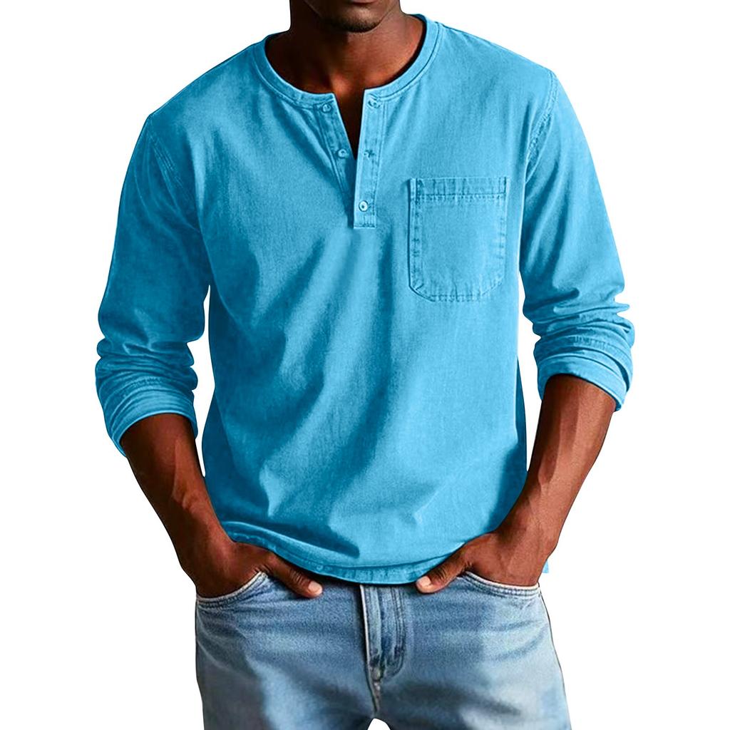 Men's Solid Color Distressed Button Collar Long Sleeve Tops Men's Casual Fashion Tops