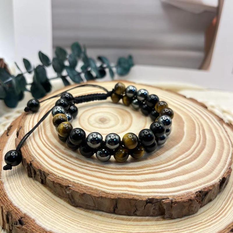 Double-layer Tiger-eye Obsidian Bracelet for Men, Knitted with Adjustable Black Magnets and Yoga Beads