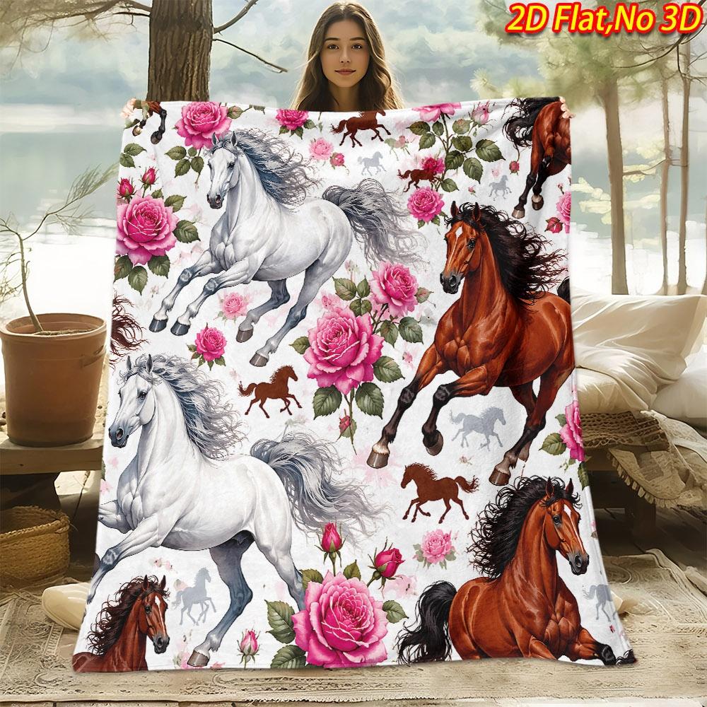 1pc 2D Flat Printing Spring & Summer New Arrival Galloping Horse and Pink Rose Pattern Digital Print Blanket, Suitable for All Seasons, Casual Throw B