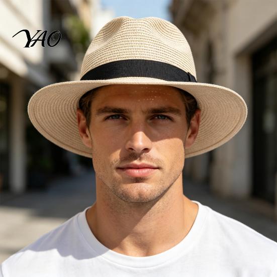 Boho Style Summer Hat Men Paper Straw Sun Hat, Breathable Wide Brim UV Protection Beach Foldable for Outdoor Vacation Travel