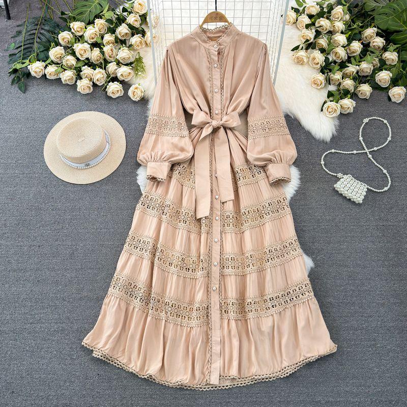 

Fashion Lantern Long Sleeve Lace Stitching Big Swing Dress Khaki All yards