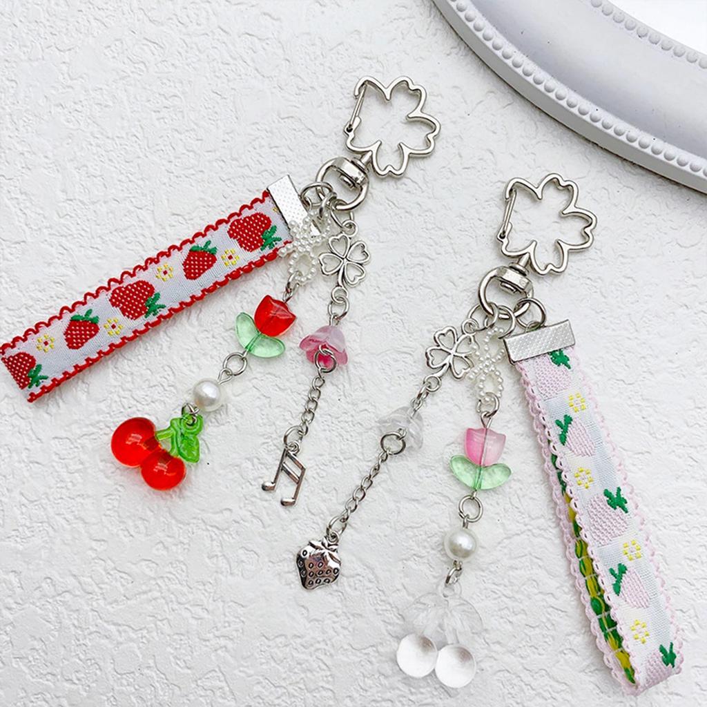 Strawberry Cherrys Ribbon Flower Keychain Charm Colorful Keyring for Women and Girls Bag Accessories Purse Decoration