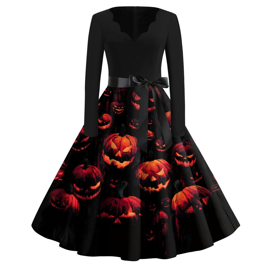 Women Casual Vintage Dress V Neck Long Sleeve Floral Print Retro Swing Dress with Waist Tie for Halloween