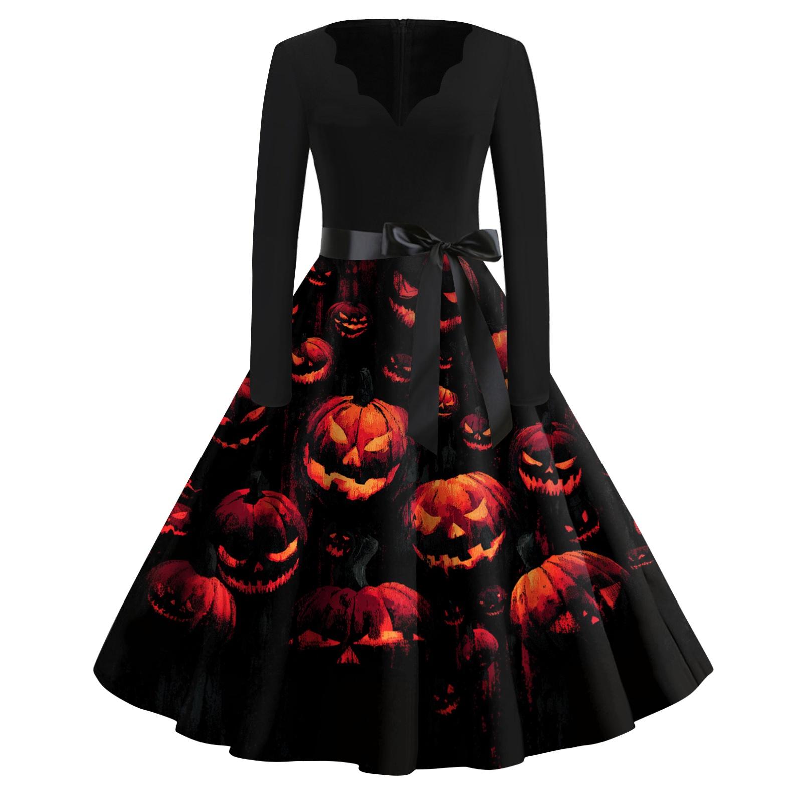 

Women Casual Vintage Dress V Neck Long Sleeve Floral Print Retro Swing Dress with Waist Tie for Halloween XL жовтий