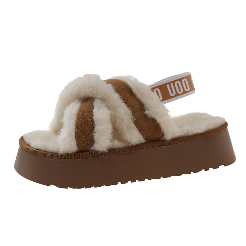 Fashion Winter New Platform Slippers Women's Fashion Suede Plus Hair Open-toe Anti-slip Wear-resistant Flat Shoes
