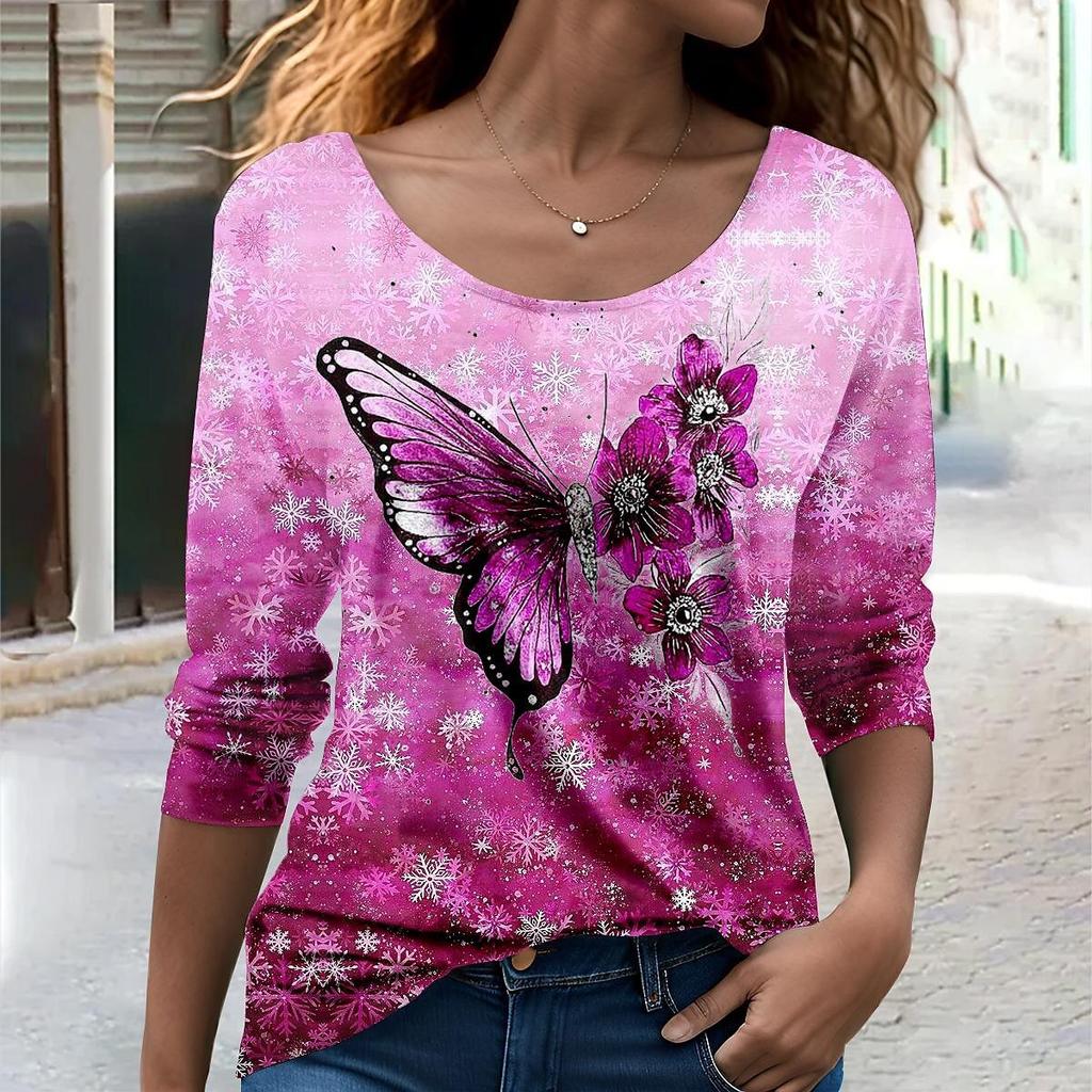 Spring and Autumn Round Neck 3D Butterfly Graphic Printed Top Fashionable Casual Long Sleeved Women's T-shirts