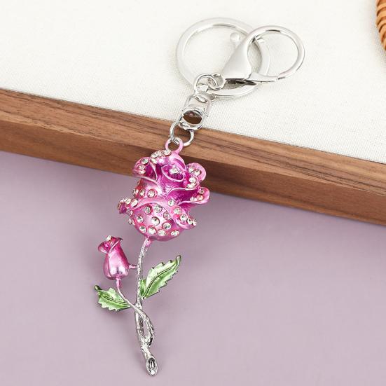 Keychain Pendant Rose Flower Shape Key Holder with Multicolor Rhinestones Anti-Oxidation Lobster Clasp Keyring Backpacks Car Accessory