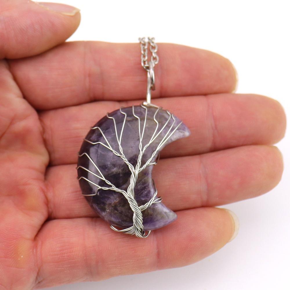 Natural Amethyst Moon Tree Of Life Pendant Necklace Handmade Crystal Fortune Tree Jewelry N512
