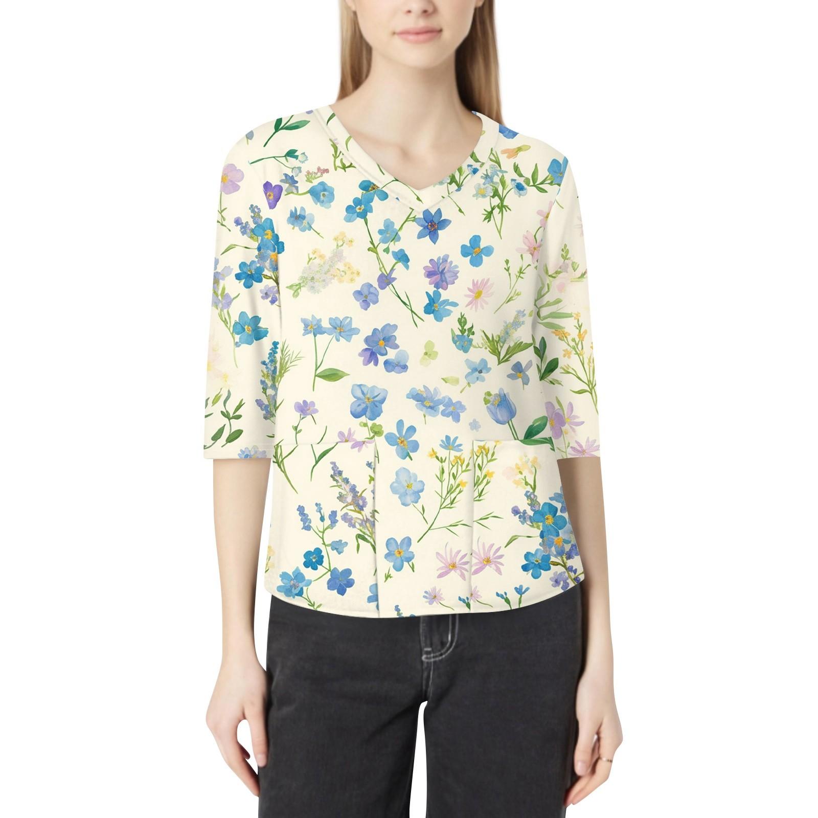 

Модная женская рабочая одежда с v-образным вырезом и рукавами 3/4, свободные топы с карманами и принтом M