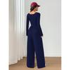 Women Fashion Casual Long Sleeve Square Neck Solid Wide Leg Jumpsuit