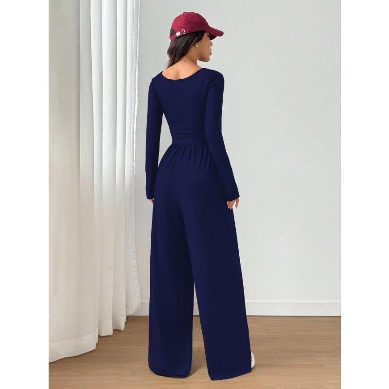 Women Fashion Casual Long Sleeve Square Neck Solid Wide Leg Jumpsuit