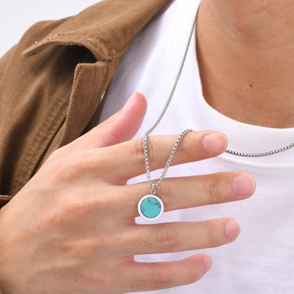 Round Pendant Necklace for Men Boys,Stainless Steel Tiger Eye Natural Stone Pendant Necklaces,Hip Hop Jewelry Gifts