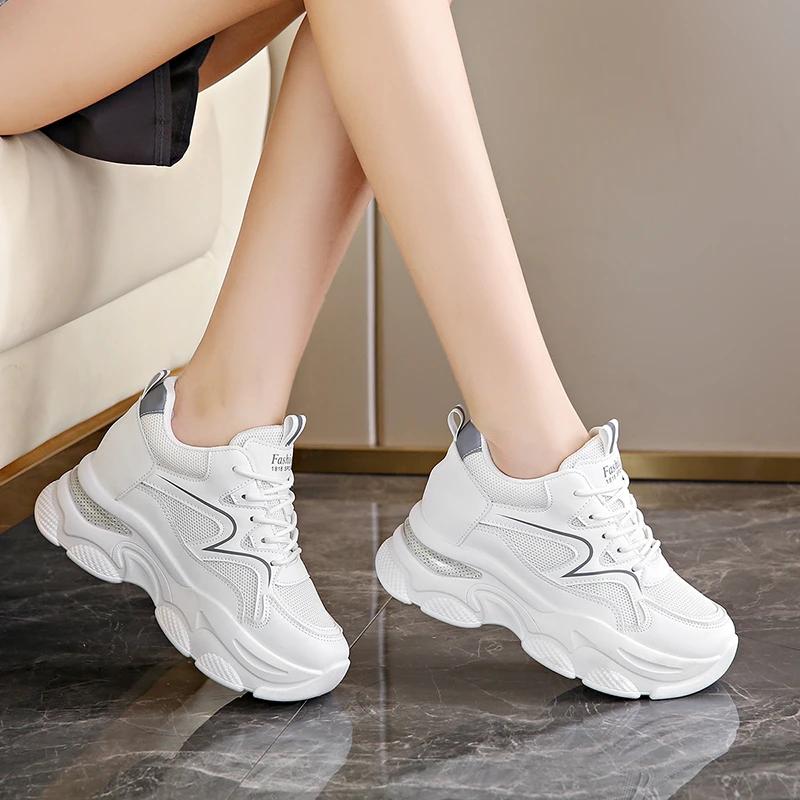 Fashion Women's Mixed Color High-heeled Sneakers Breathable Mesh Heightening Vulcanized Shoes Women's Lace-up Thick-soled Sneakers