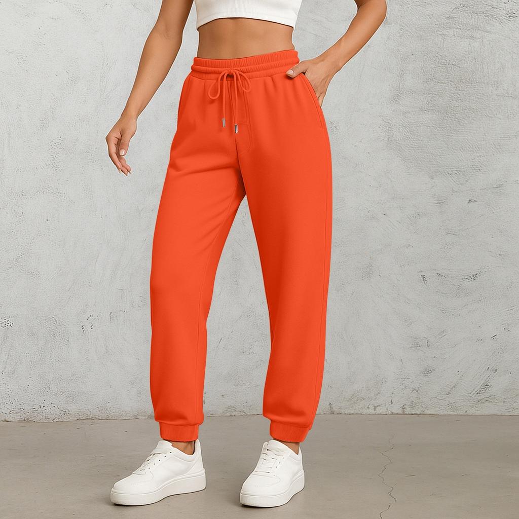 Ladies' Fashionable Solid Color Straight Leg Pants With High Waist Drawstring Pockets And Elastic Waist Casual Pants