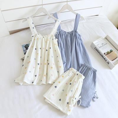 2026 Summer New Style Ladies Pajamas Two-piece 100%Cotton Crepe Suspender Shorts Vest Suit Sweet And Loose Home Service Sexy Pjs