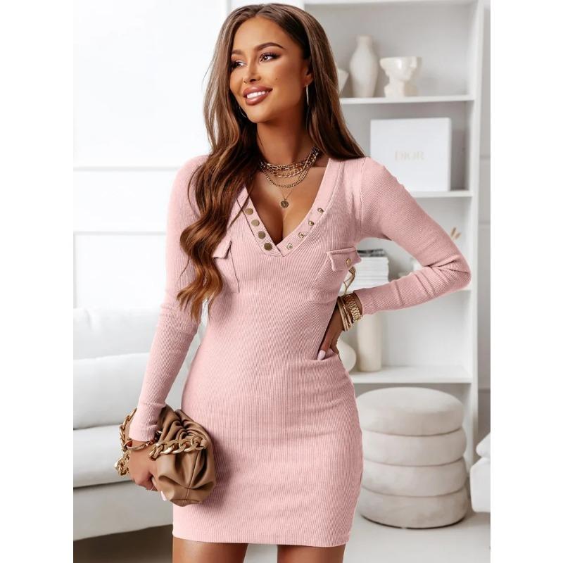 

YYFS Женская мода весна-осень однотонный принт длинный рукав V-образный вырез высокая талия повседневные платья S розовый