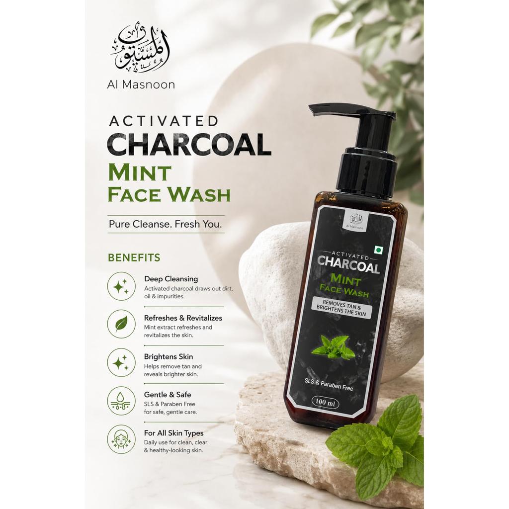 AL MASNOON Charcoal Face Wash / Activated Charcoal With Mint Face Wash For Removes Tan / Sls & Paraben Free 100ml (pack of 1)