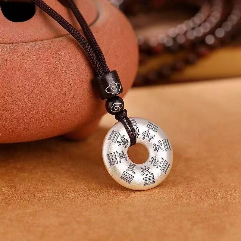 Sterling Silver Bagua Pendant Necklace with Woven Rope - Chinese Style Unisex Design