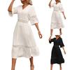 Solid Color V Neck Loose Five Quarter Sleeve Hollow Out Midi Dress For Women