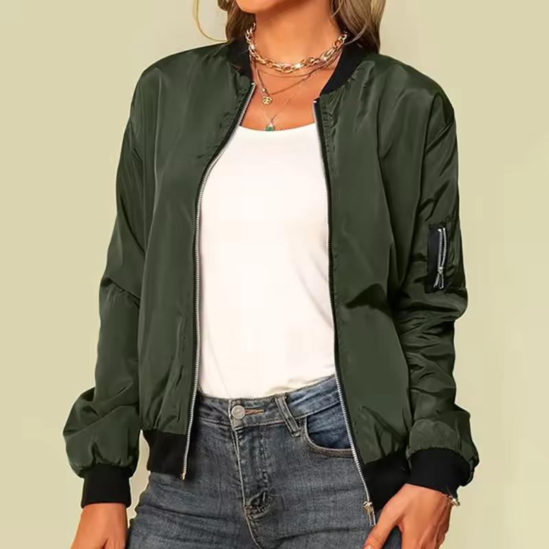 Spring Autumn Women's Solid Color O-neck Zipper Women's Jackets Vintage Long Sleeve Cool Girl Jacket Daily Black Casual Ladies Clothing