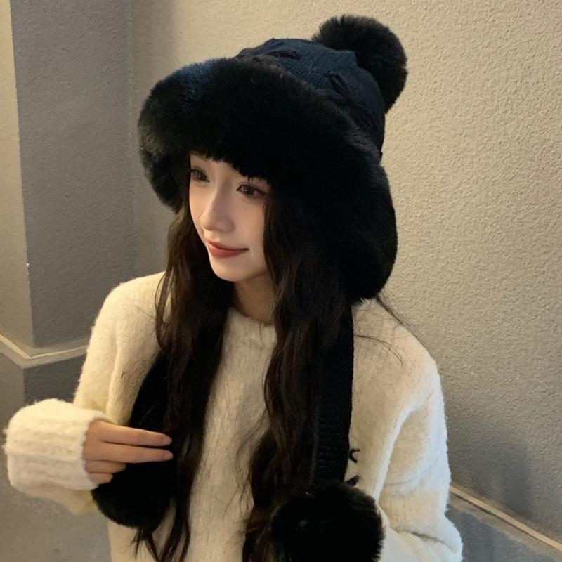 Winter plush lace-up knitted ear protector, thickened plush warm windproof hat, cold-proof hat, cute