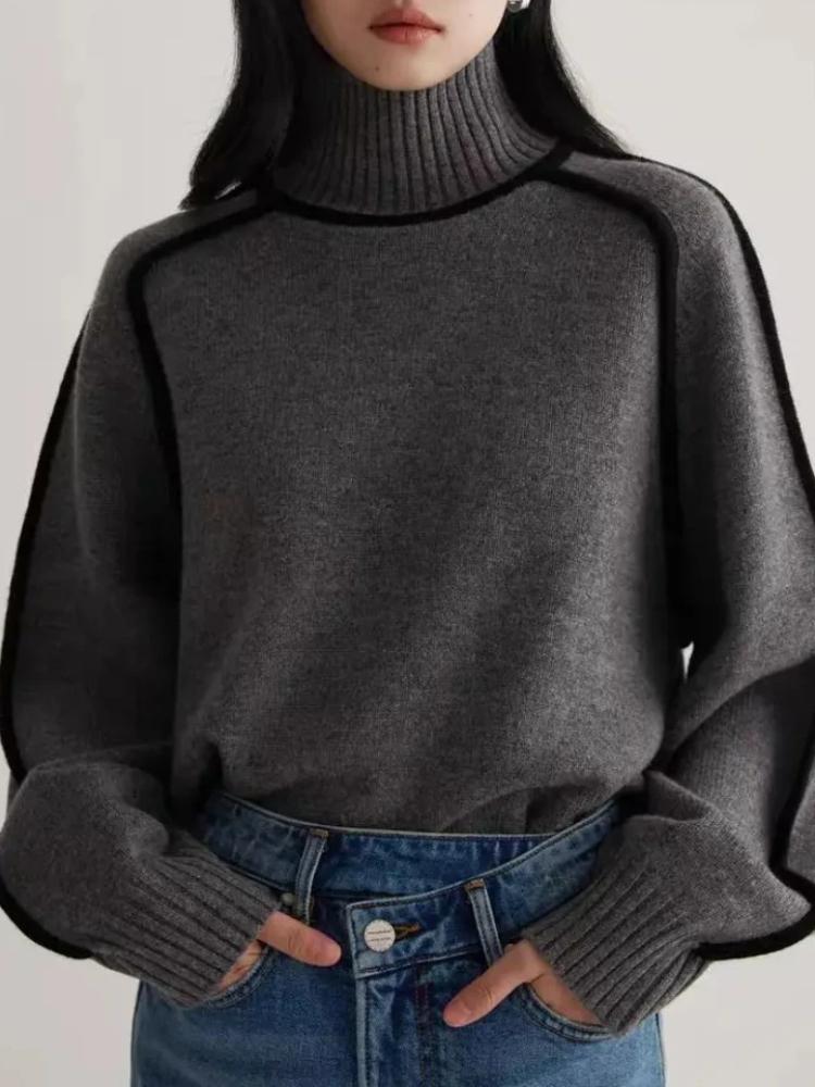 Podzim Zima Móda Nový Volný Svetr Dámský Elegantní Pletený Polovysoký Límec Dlouhý Rukáv Topy Elegantní Prošívání Dojížděcí Styl Teplý Svetr