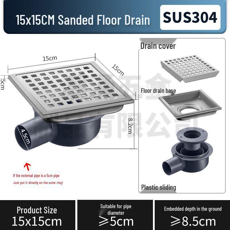 304 Stainless Steel European-Style Large Capacity Square Floor Drain with Sliding Side Drain.