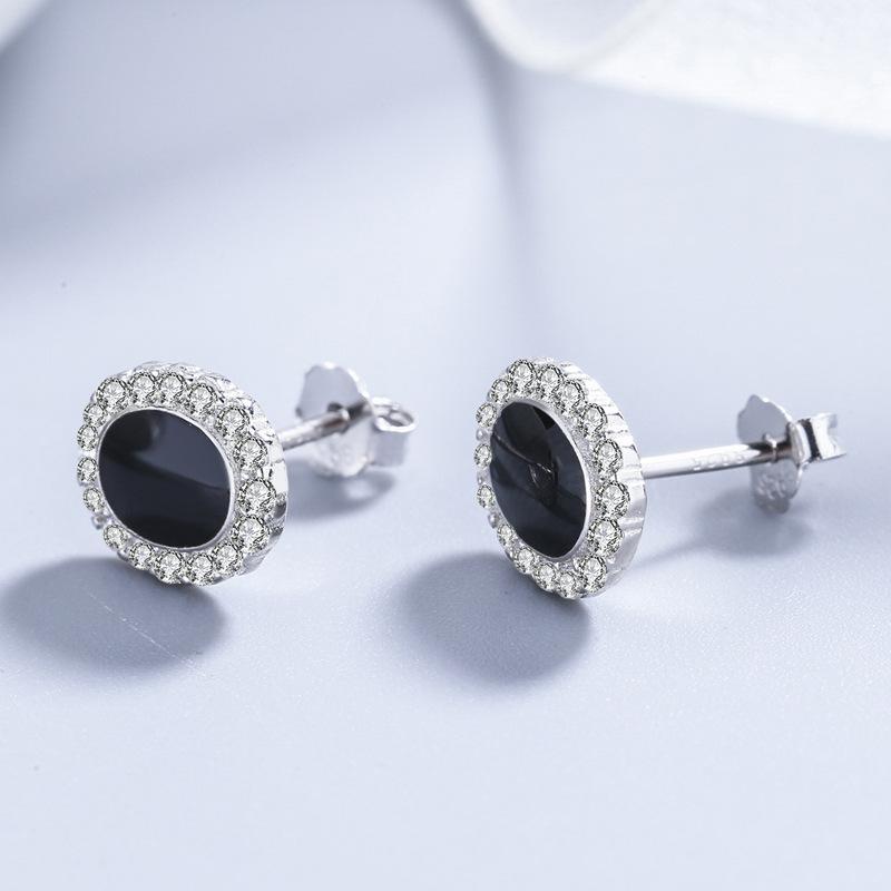 S925 Sterling Silver Korean Style Diamond Black Oval Epoxy Stud Earrings Simple Personalized All-Match Ear Rings