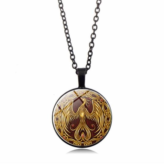 Phoenix Pattern Pendant Cabochon Vintage Jewelry Glass Necklace Chain Women Gift
