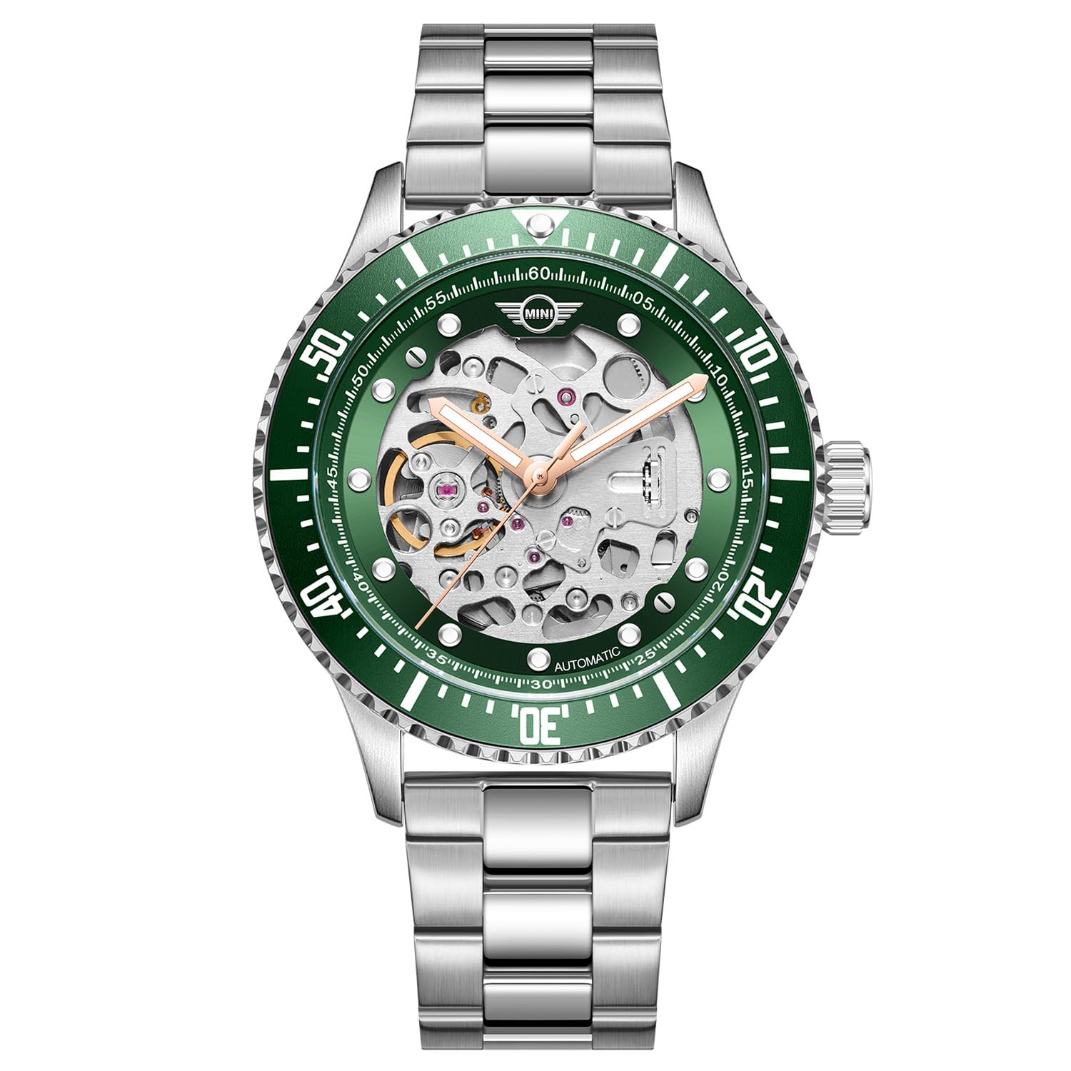 

MINI Automatic Watch 162302 42mm Skeleton Automatic Mechanical Watch SS Bracelet Mini Cooper MA-3 Men s Green/Silver Double-Sided [Regular Import]