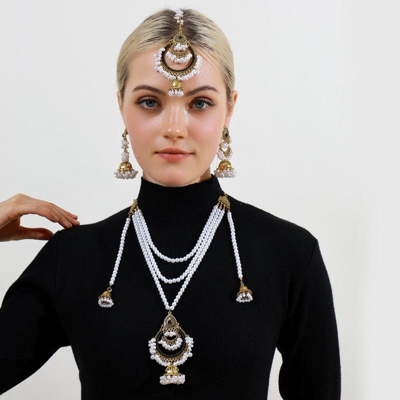 Multi-layer Pearl EarringsNecklaces Hair Chain SetsHigh-end Retro Ethnic Style Accessories