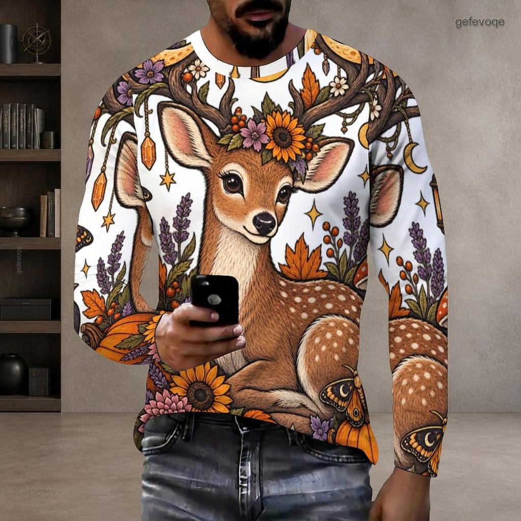 Men Plus Size Crew Neck Long Sleeve Shirt Black Gothic Skull Lion Graphic Casual Street Style Top