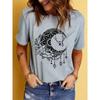 T-shirt da Donna Nera con Stampa Geometrica Luna Crescente Stelle Elastica Estiva Casual Streetwear Top Manica Corta
