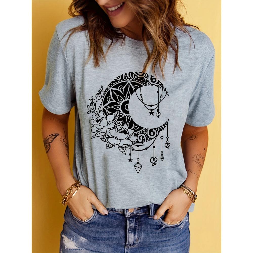 T-shirt da Donna Nera con Stampa Geometrica Luna Crescente Stelle Elastica Estiva Casual Streetwear Top Manica Corta