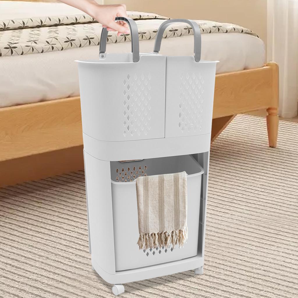 Bymaocar 2 Layers White PP Material Laundry Basket with Wheels Freestanding Multi-function Clothes Basket for Toilets, Bedrooms