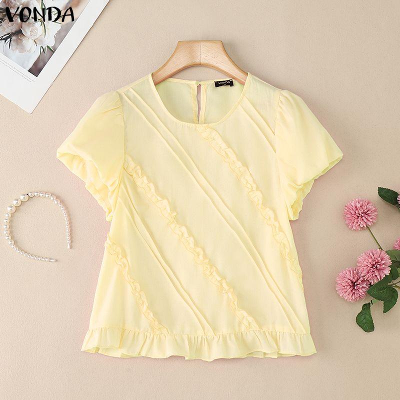 

VONDA Women Round Neck Puff Sleeve Ruffled Solid Color Casual Blouse Tops 5XL абрикосовый