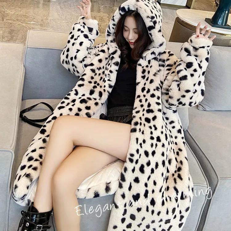 New Leopard Print Faux Fur Coat Women Winter Warm Parka Long Oversize Hooded Furry Overcoat Women Fur Jacket Winter Clothing
