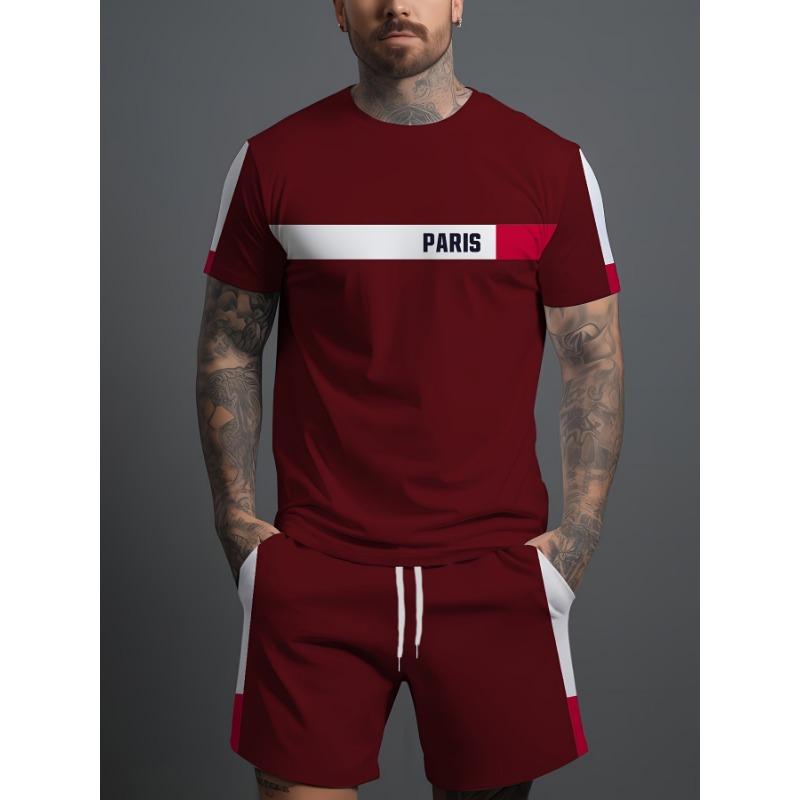 2-piece Men s Causal Color Block Digital Print co ord set, Men s Short Sleeve XXS