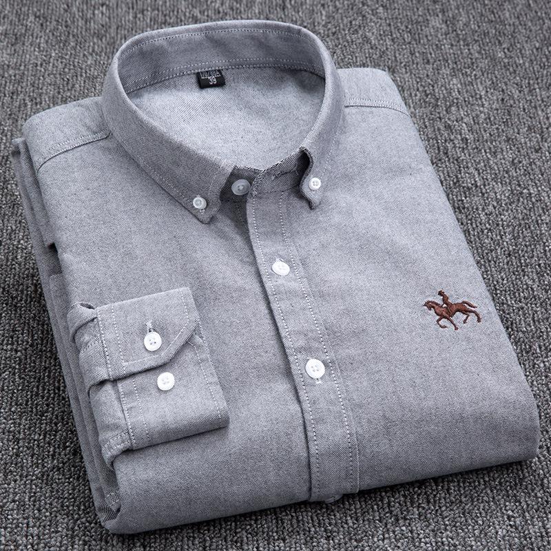 Men's 100% Cotton Oxford Long Sleeve Embroidered Casual Shirt