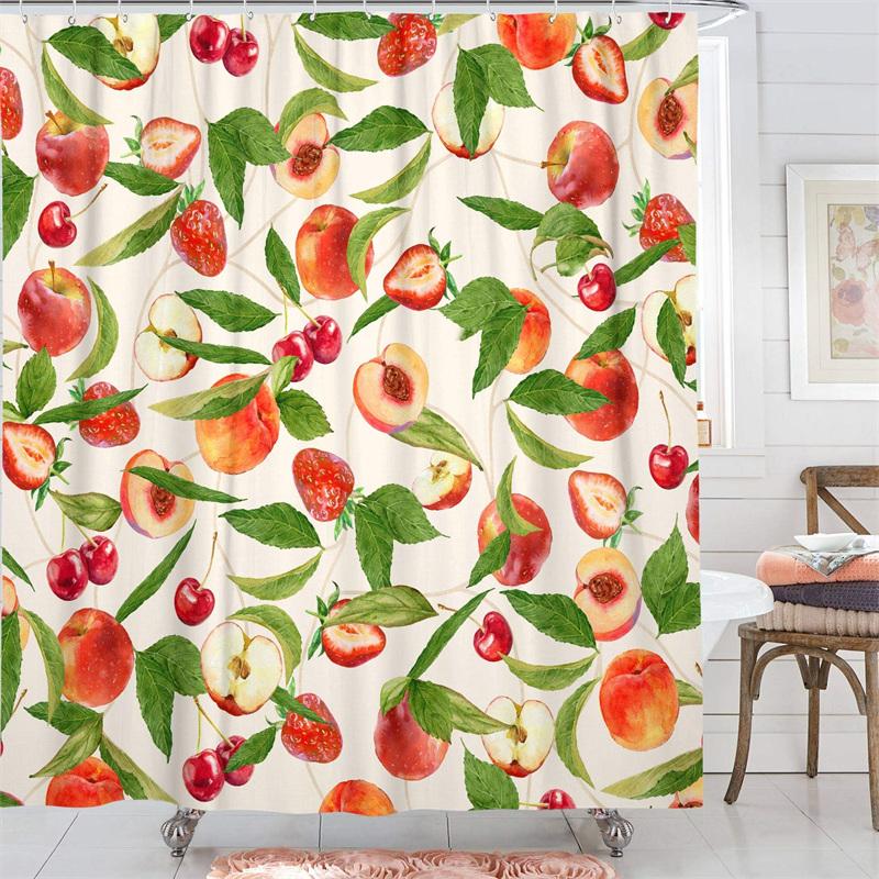 Fruit Showers Curtain Liner Peach Lemon Strawberry Orange Papaya Print Fabric Shower Curtains Cute Bright Colorful Design Hook