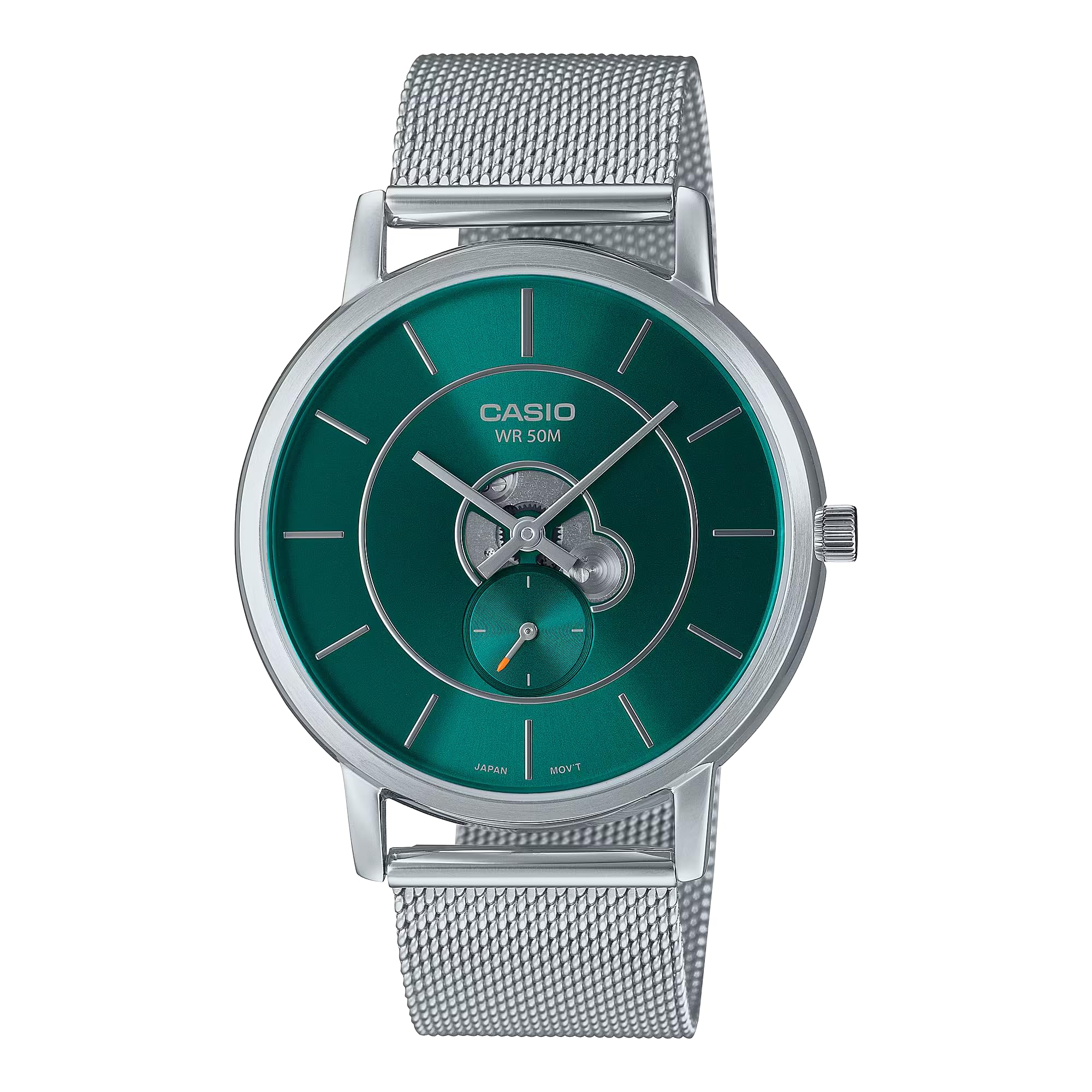 

CASIO Standard Analog Watch Small Seconds Skeleton Simple Business Watch Mesh Stainless Steel Band Japanese Movement Men s MTP-B130M (Green) [Used]