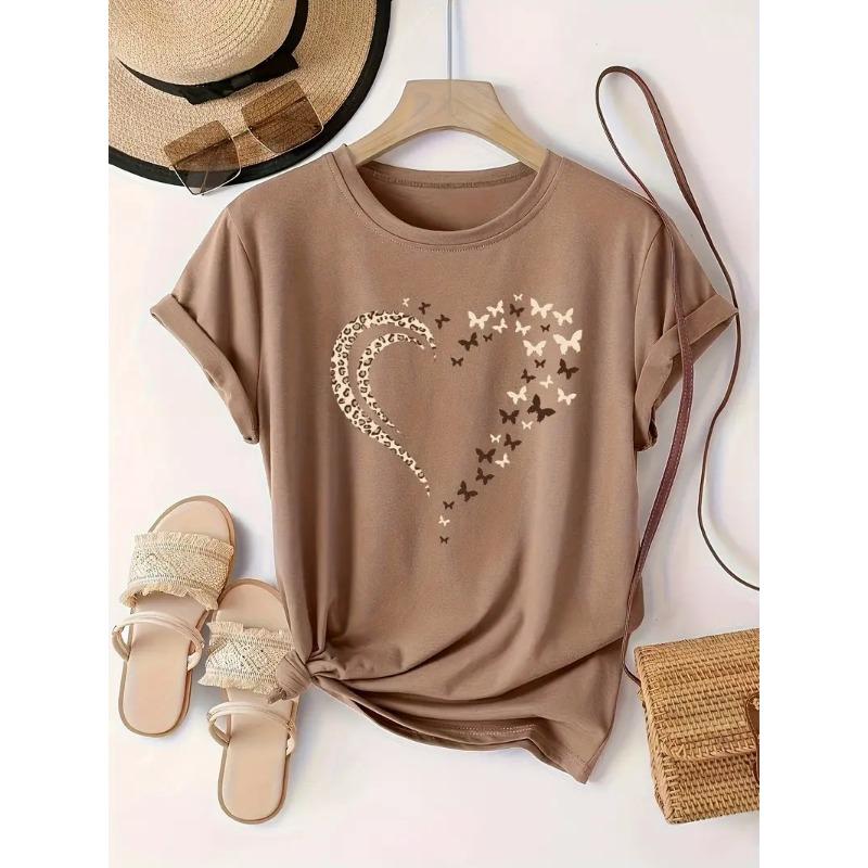 

Summer Round Neck Heart-shaped Printed Top Fashionable Casual Pure Cotton Short Sleeved Women s T-shirt S верблюд