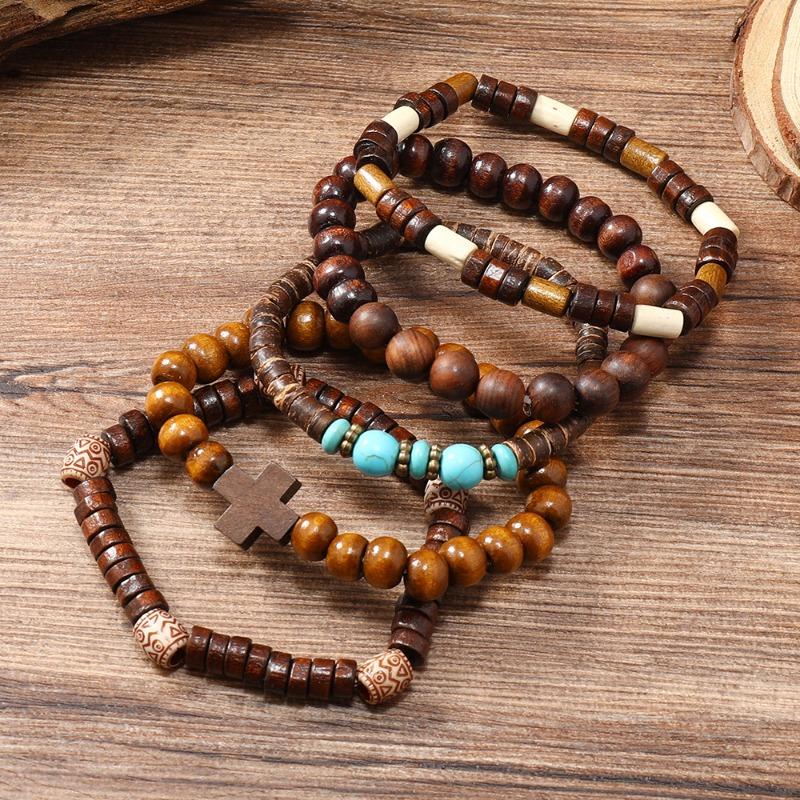Hot-selling Handmade Beaded Bracelet Men's Retro Fashion Turquoise Cross Five-piece Bracelet Set