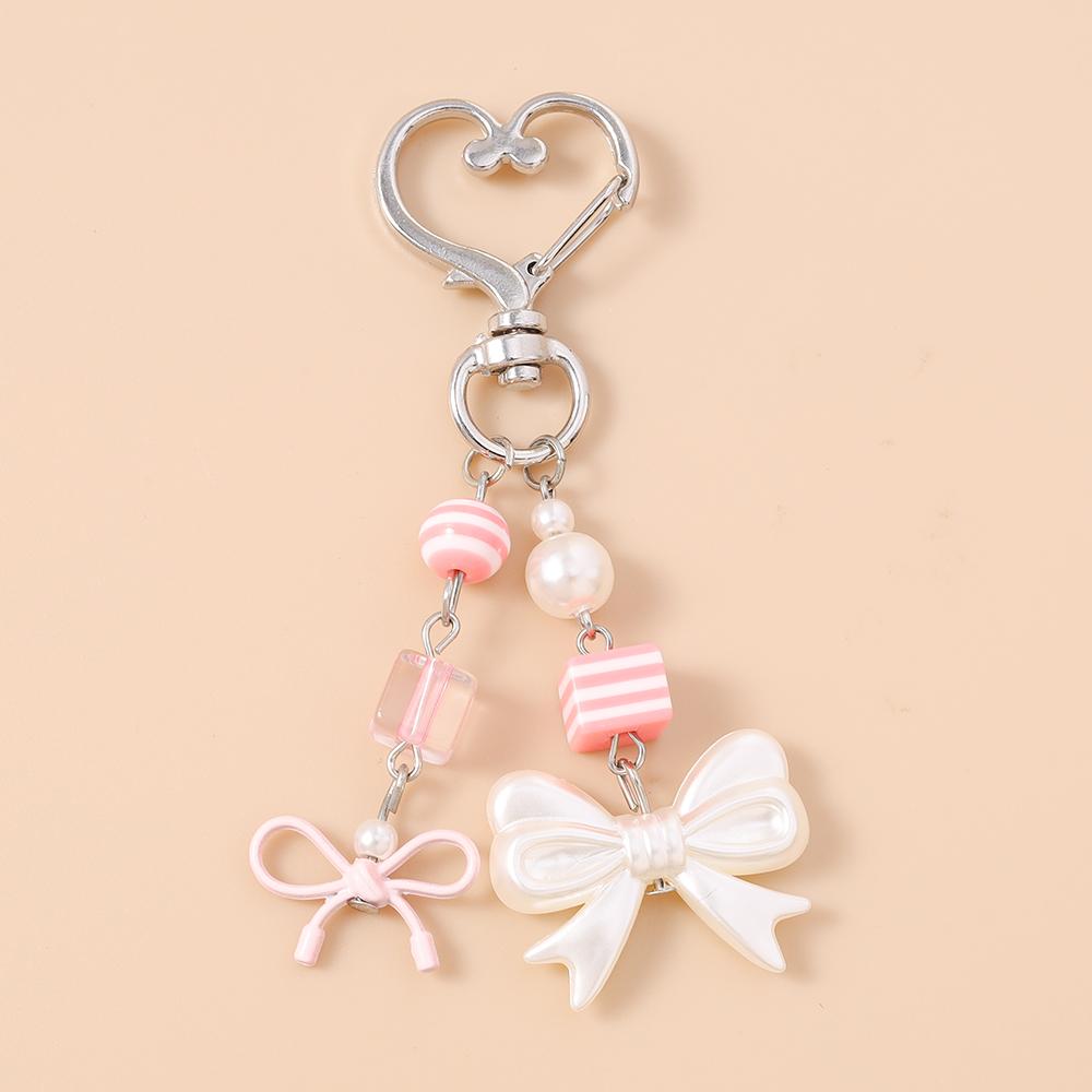 Cute Bowknot Keychain Women Girls Pearl Beaded Key Ring Pendants for Handbag Decor DIY Handmade Key Chain Gifts