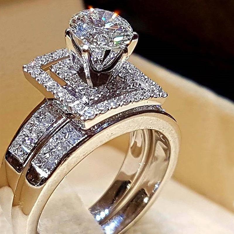 Парное кольцо с цирконами, Популярное двойное кольцо класса люкс, Высококачественные ювелирные изделия. 6