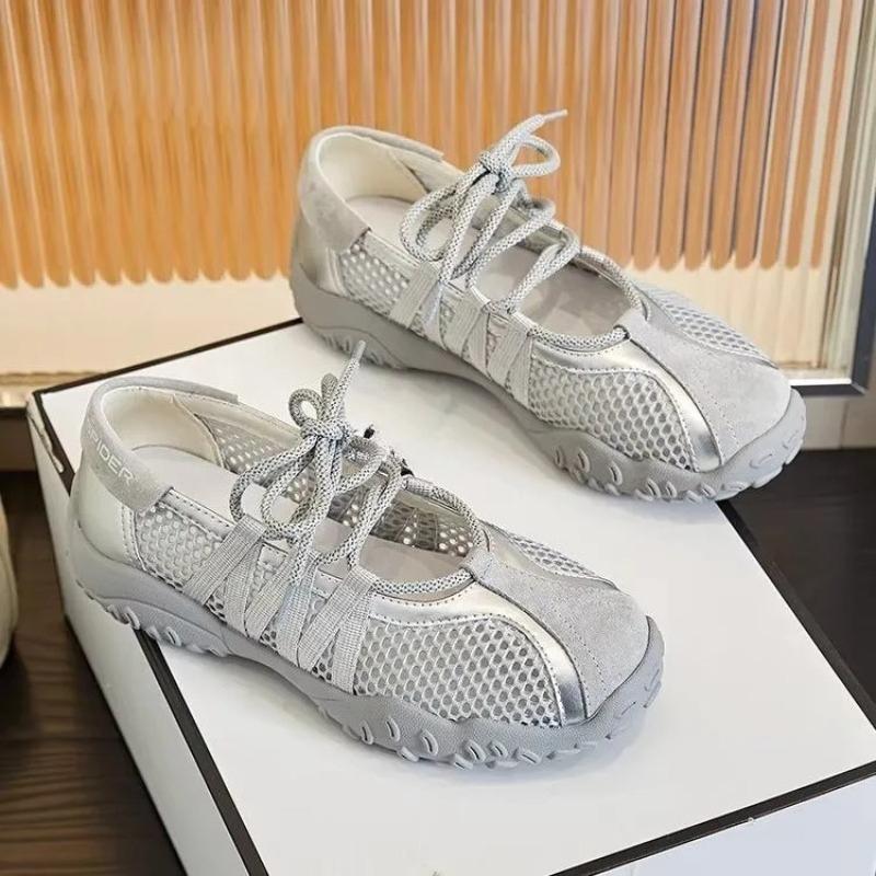 Zapatos de corte individual para mujer, verano, punta redonda, boca poco profunda, malla transpirable, zapatillas de caña baja