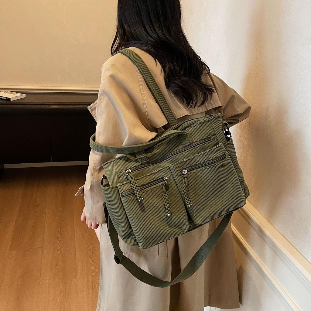 Corduroy Simple Poop Carrying Shoulder Bag for Women Adjustable Shoulder Strap Crossbody Bag Large Capacity Commuting Handbag